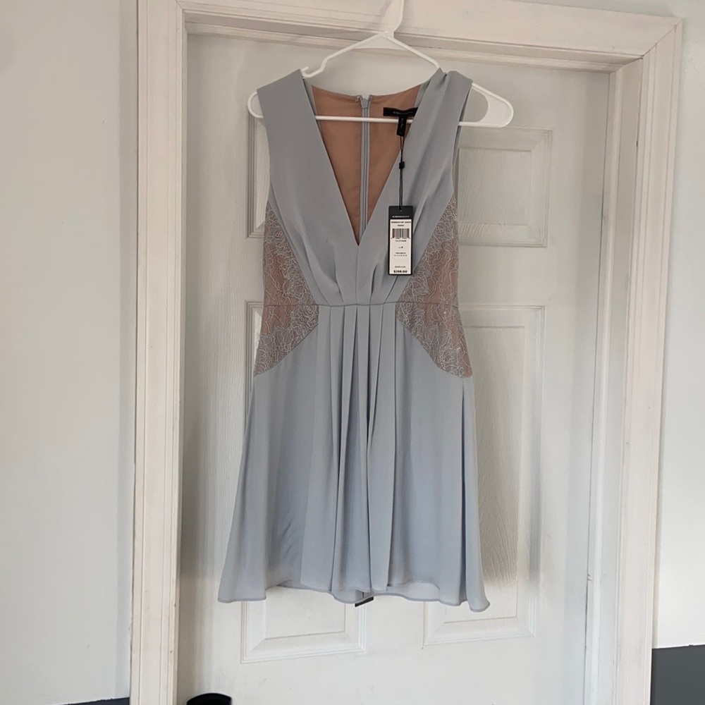 Bcbg MaxAzria baby blue and tan dress